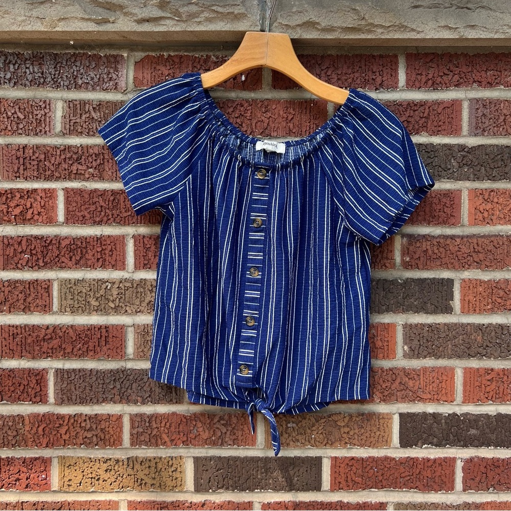 Speechless Blue and White Striped Off the Shoulder Button Front Knot Top